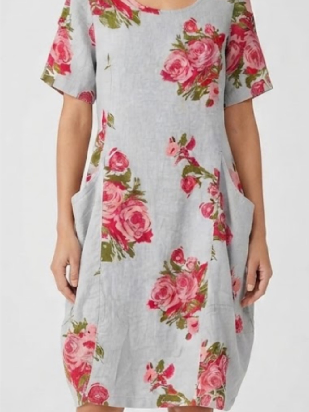 Made in Italy Floral Linen Blend Pocket Dress - Pink Rose on Light Gray